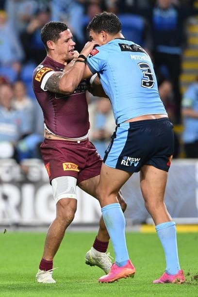Dane Gagai of the Maroons and Latrell Mitchell of the Blues scuffle during game three of the 2021 State of Origin Series between the New South Wales...
