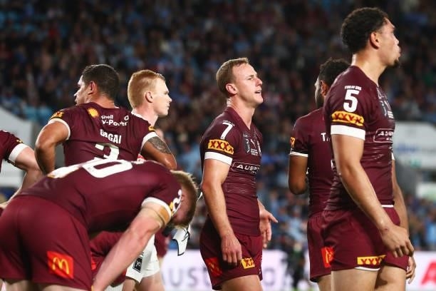 Daly Cherry-Evans of the Maroons and team mates look dejected after the try to Api Koroisau of the Blues during game three of the 2021 State of...