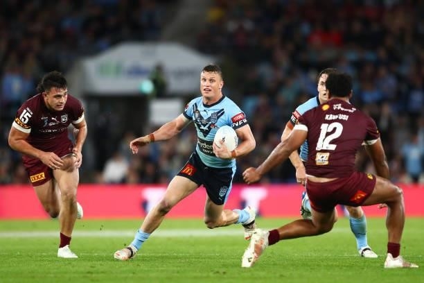 Jack Wighton of the Blues makes a break during game three of the 2021 State of Origin Series between the New South Wales Blues and the Queensland...