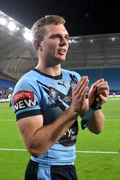Tom Trbojevic of the Blues thanks the crowd after winning the series 2-1 after game three of the 2021 State of Origin Series between the New South...