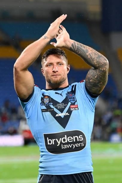 Tariq Sims of the Blues thanks the crowd after winning the series 2-1 after game three of the 2021 State of Origin Series between the New South Wales...