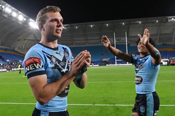 Tom Trbojevic of the Blues thanks the crowd after winning the series 2-1 after game three of the 2021 State of Origin Series between the New South...