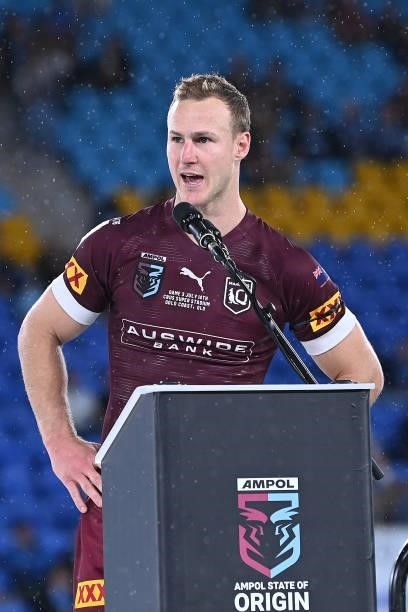 Daly Cherry-Evans of the Maroons talks during the trophy presentation after game three of the 2021 State of Origin Series between the New South Wales...