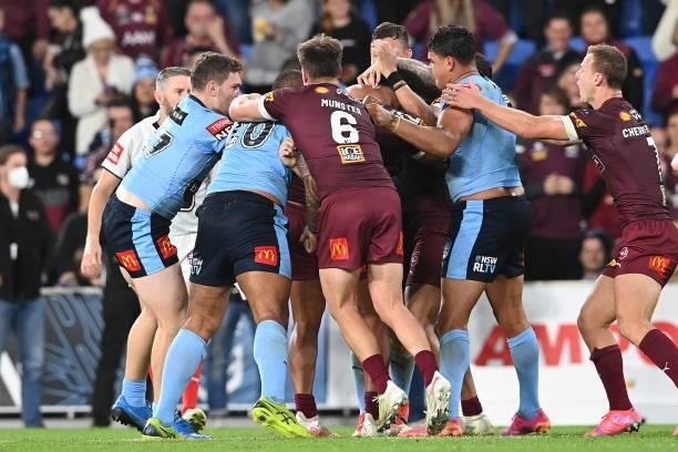 Players scuffle at full-time during game three of the 2021 State of Origin Series between the New South Wales Blues and the Queensland Maroons at...