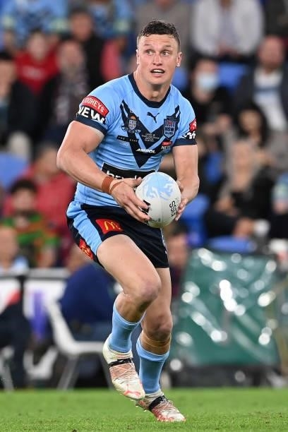 Jack Wighton of the Blues runs the ball during game three of the 2021 State of Origin Series between the New South Wales Blues and the Queensland...