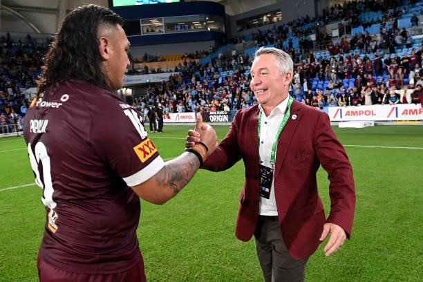 Maroons coach Paul Green celebrates with Josh Papalii of the Maroons after winning game three of the 2021 State of Origin Series between the New...