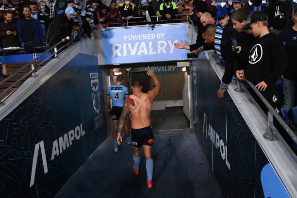 Tariq Sims of the Blues thanks the crowd after winning the series 2-1 after game three of the 2021 State of Origin Series between the New South Wales...
