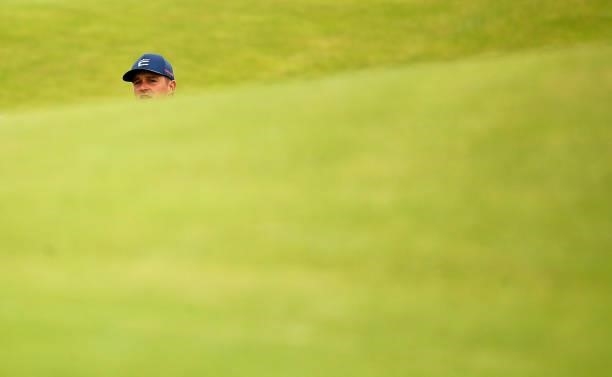 Bryson DeChambeau of the United States looks on from the second hole during a practice round ahead of The 149th Open at Royal St George’s Golf Club...