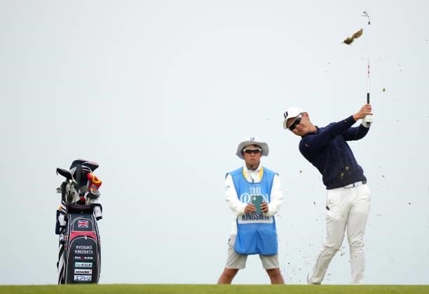 Ryosuke Kinoshita of Japan plays a shot during a practice round ahead of ahead of The 149th Open at Royal St George’s Golf Club on July 14, 2021 in...