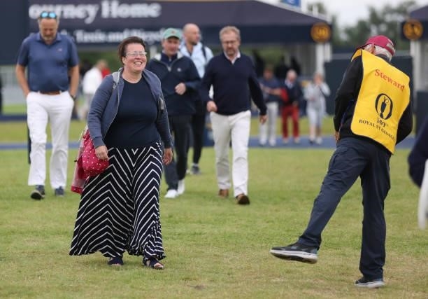 Spectator arrives on course during a practice round for The 149th Open at Royal St George’s Golf Club on July 14, 2021 in Sandwich, England.