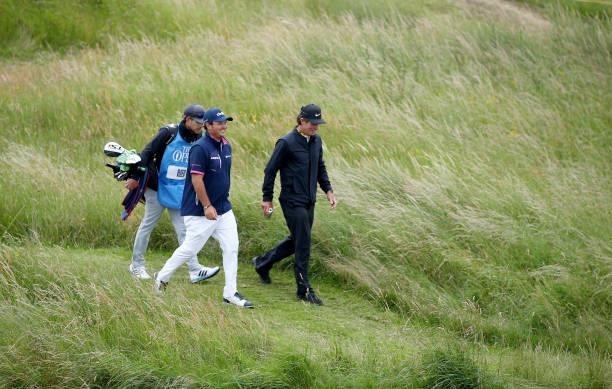 Patrick Reed of the United States makes his way round the course during a practice round ahead of The 149th Open at Royal St George’s Golf Club on...