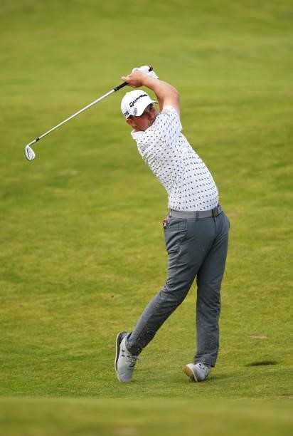 Daniel Croft of England plays a shot on the tenth hole during a practice round ahead of The 149th Open at Royal St George’s Golf Club on July 14,...