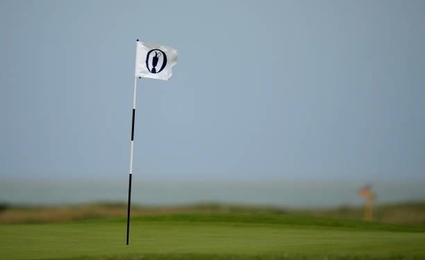 General view as The Golf Champion Trophy logo is seen on a flag ahead of The 149th Open at Royal St George’s Golf Club on July 14, 2021 in Sandwich,...