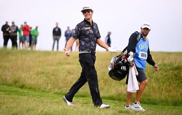 Lanto Griffin of The United States and caddie walk on the 17th hole during a practice round for The 149th Open at Royal St George’s Golf Club on July...