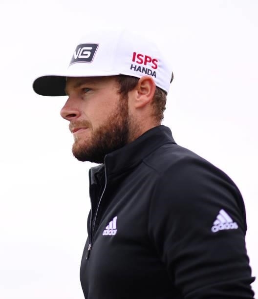 Tyrrell Hatton of England looks on during a practice round for The 149th Open at Royal St George’s Golf Club on July 14, 2021 in Sandwich, England.