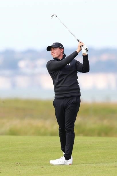 Matt Fitzpatrick of England plays a shot during a practice round ahead of The 149th Open at Royal St George’s Golf Club on July 14, 2021 in Sandwich,...
