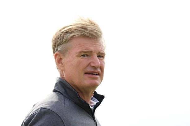 Ernie Els of South Africa looks on from the seventh tee during a practice round ahead of The 149th Open at Royal St George’s Golf Club on July 14,...