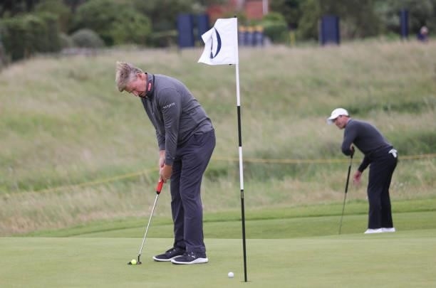 Ernie Els of South Africa putts during a practice round for The 149th Open at Royal St George’s Golf Club on July 14, 2021 in Sandwich, England.