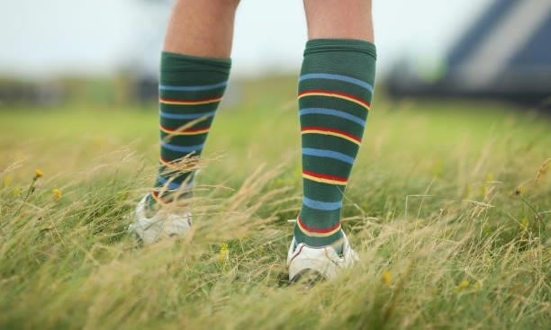 General view of a spectator's socks during a practice round for The 149th Open at Royal St George’s Golf Club on July 14, 2021 in Sandwich, England.