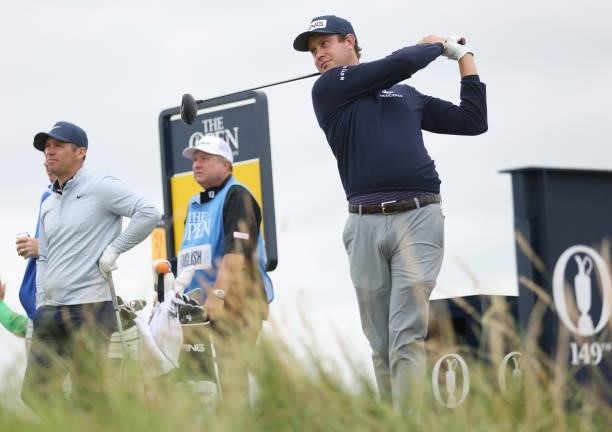 Harris English of The United States tees off during a practice round for The 149th Open at Royal St George’s Golf Club on July 14, 2021 in Sandwich,...