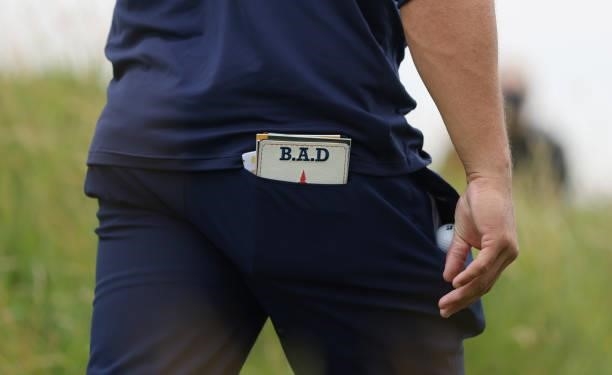 Detailed view of the yardage book of Bryson Dechambeau of The United States during a practice round for The 149th Open at Royal St George’s Golf Club...