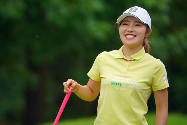 Ayaka Furue of Japan smiles on the 4th tee during the pro-am ahead of the GMO Internet Ladies Samantha Thavasa Global Cup at Eagle Point Golf Club on...