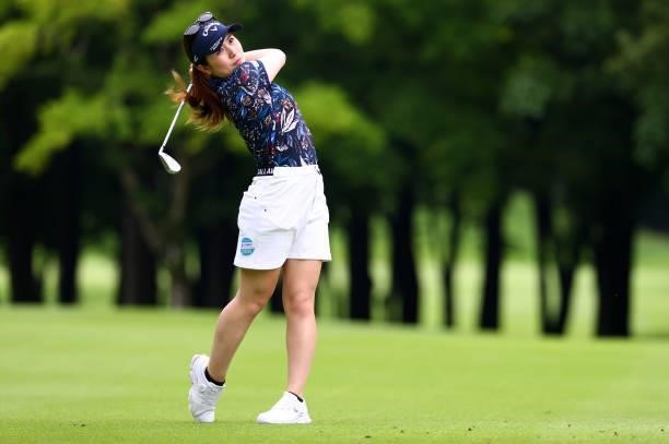 Yuna Nishimura of Japan plays a shot during the pro-am ahead of the GMO Internet Ladies Samantha Thavasa Global Cup at Eagle Point Golf Club on July...