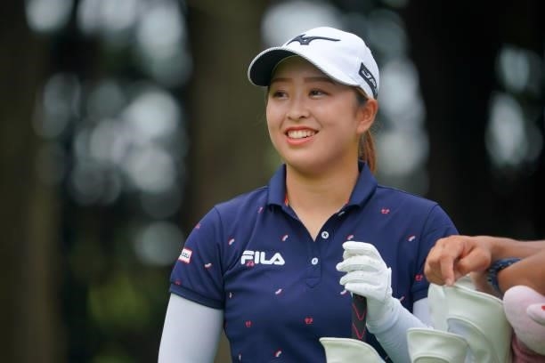 Mao Saigo of Japan smiles on the 6th tee during the pro-am ahead of the GMO Internet Ladies Samantha Thavasa Global Cup at Eagle Point Golf Club on...
