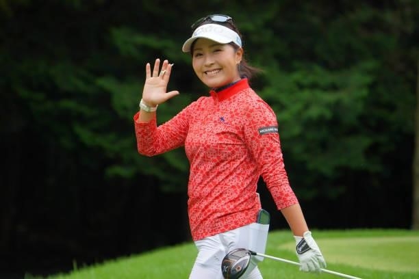 Serena Aoki of Japan waves on the 6th hole during the pro-am ahead of the GMO Internet Ladies Samantha Thavasa Global Cup at Eagle Point Golf Club on...