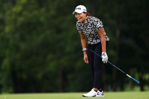 Hinako Shibuno of Japan laughs after her tee shot on the 11th hole during the pro-am ahead of the GMO Internet Ladies Samantha Thavasa Global Cup at...
