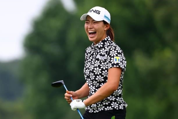 Hinako Shibuno of Japan laughs on the 11th hole during the pro-am ahead of the GMO Internet Ladies Samantha Thavasa Global Cup at Eagle Point Golf...