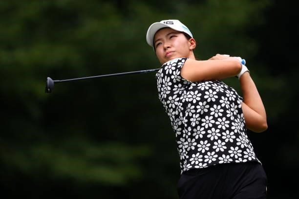 Hinako Shibuno of Japan hits her tee shot on the 12th hole during the pro-am ahead of the GMO Internet Ladies Samantha Thavasa Global Cup at Eagle...