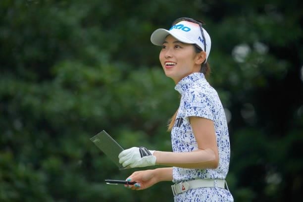 Yuka Yasuda of Japan smiles on the 6th tee during the pro-am ahead of the GMO Internet Ladies Samantha Thavasa Global Cup at Eagle Point Golf Club on...