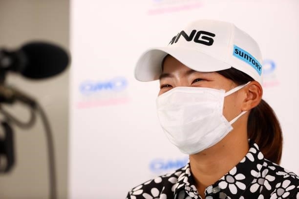 Hinako Shibuno attends a press conference after the pro-am ahead of the GMO Internet Ladies Samantha Thavasa Global Cup at Eagle Point Golf Club on...