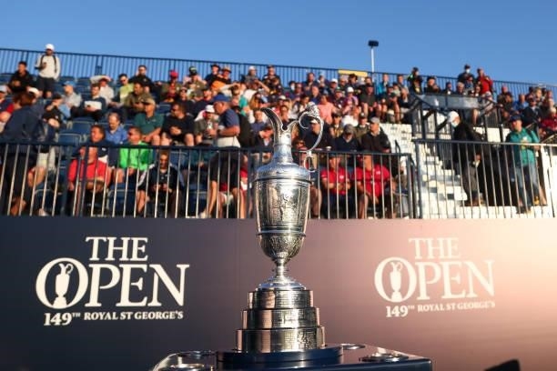 The Claret Jug is seen on the first tee during Day One of The 149th Open at Royal St George’s Golf Club on July 15, 2021 in Sandwich, England.