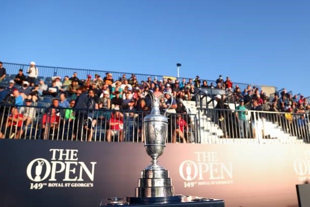 The Claret Jug is seen on the first tee during Day One of The 149th Open at Royal St George’s Golf Club on July 15, 2021 in Sandwich, England.
