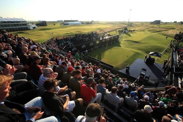 General view of the first tee as fans watch on during Day One of The 149th Open at Royal St George’s Golf Club on July 15, 2021 in Sandwich, England.