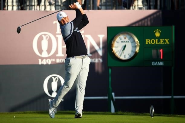 Richard Bland of England plays his shot from the first tee during Day One of The 149th Open at Royal St George’s Golf Club on July 15, 2021 in...