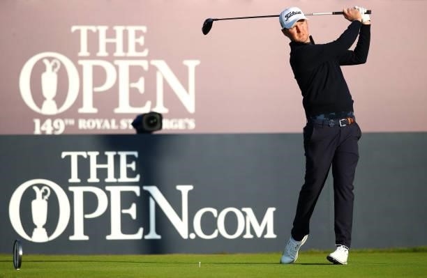 Justin Harding of South Africa plays his shot from the first tee during Day One of The 149th Open at Royal St George’s Golf Club on July 15, 2021 in...