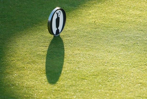 Detailed view of a tee marker with The Golf Champion Trophy logo on is seen on the first tee during Day One of The 149th Open at Royal St George’s...