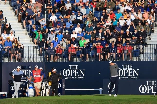 Marcus Armitage of England hits his tee shot on the first hole during Day One of The 149th Open at Royal St George’s Golf Club on July 15, 2021 in...