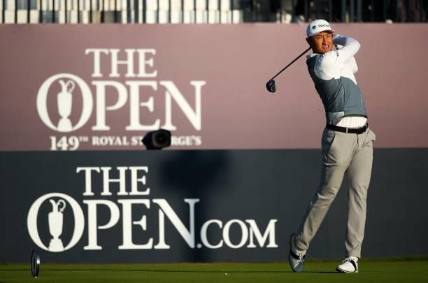 Haotong Li of China plays his shot from the first tee during Day One of The 149th Open at Royal St George’s Golf Club on July 15, 2021 in Sandwich,...