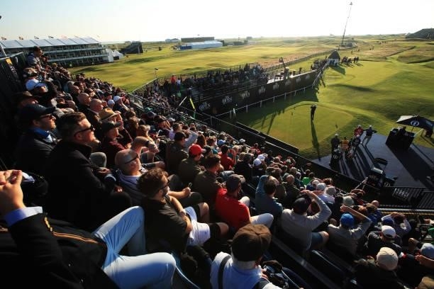 General view of the first tee as fans watch on as Andy Sullivan of England plays his tee shot from the first during Day One of The 149th Open at...