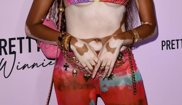 Winnie Harlow, jewelry detail, attends the PLT x Winnie Harlow Event hosted by PrettyLittleThing at La Mesa Lounge and Restaurant on July 14, 2021 in...