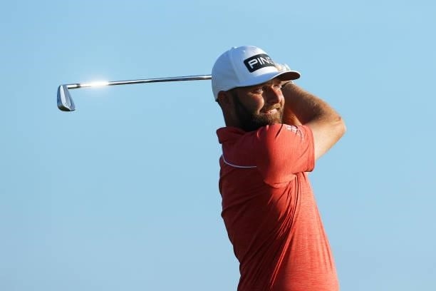 Andy Sullivan of England plays his shot from the third tee during Day One of The 149th Open at Royal St George’s Golf Club on July 15, 2021 in...