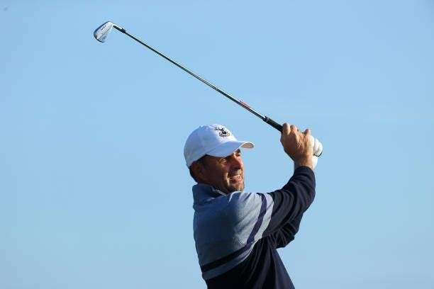 Richard Bland of England plays his shot from the third tee during Day One of The 149th Open at Royal St George’s Golf Club on July 15, 2021 in...