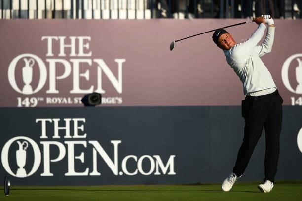 Amateur Abel Gallegos of Argentina plays his shot from the first tee during Day One of The 149th Open at Royal St George’s Golf Club on July 15, 2021...