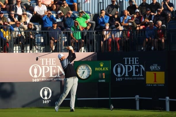 Richard Bland of England hits the opening tee shot off the first during Day One of The 149th Open at Royal St George’s Golf Club on July 15, 2021 in...