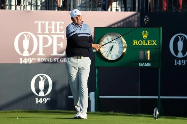 Richard Bland of England tees off on the 1st hole during Day One of The 149th Open at Royal St George’s Golf Club on July 15, 2021 in Sandwich,...
