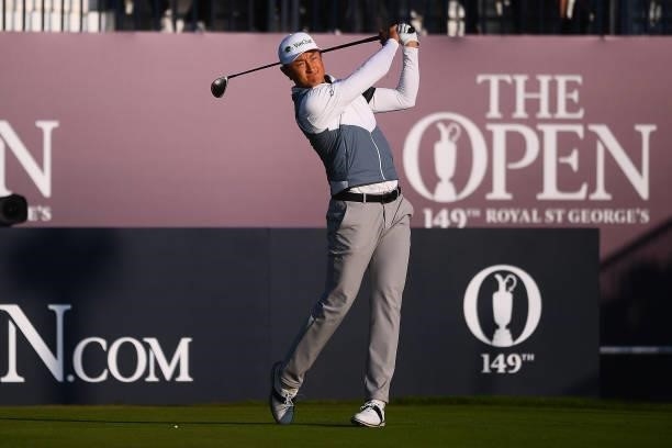 Haotong Li of China tees off on the 1st hole during Day One of The 149th Open at Royal St George’s Golf Club on July 15, 2021 in Sandwich, England.